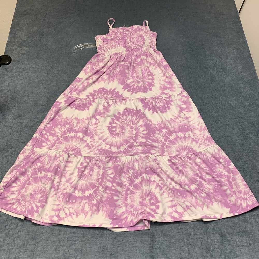 32 Degrees Tiered Maxi Dress Girls M 10/12 Purple Tie Dye Smocked Summer Wear